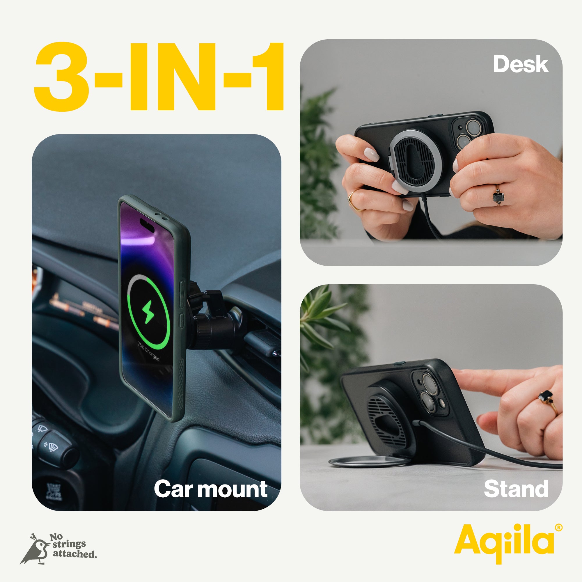 Aqiila Chargebird Qi2 trådlös laddare med universellt bilfäste