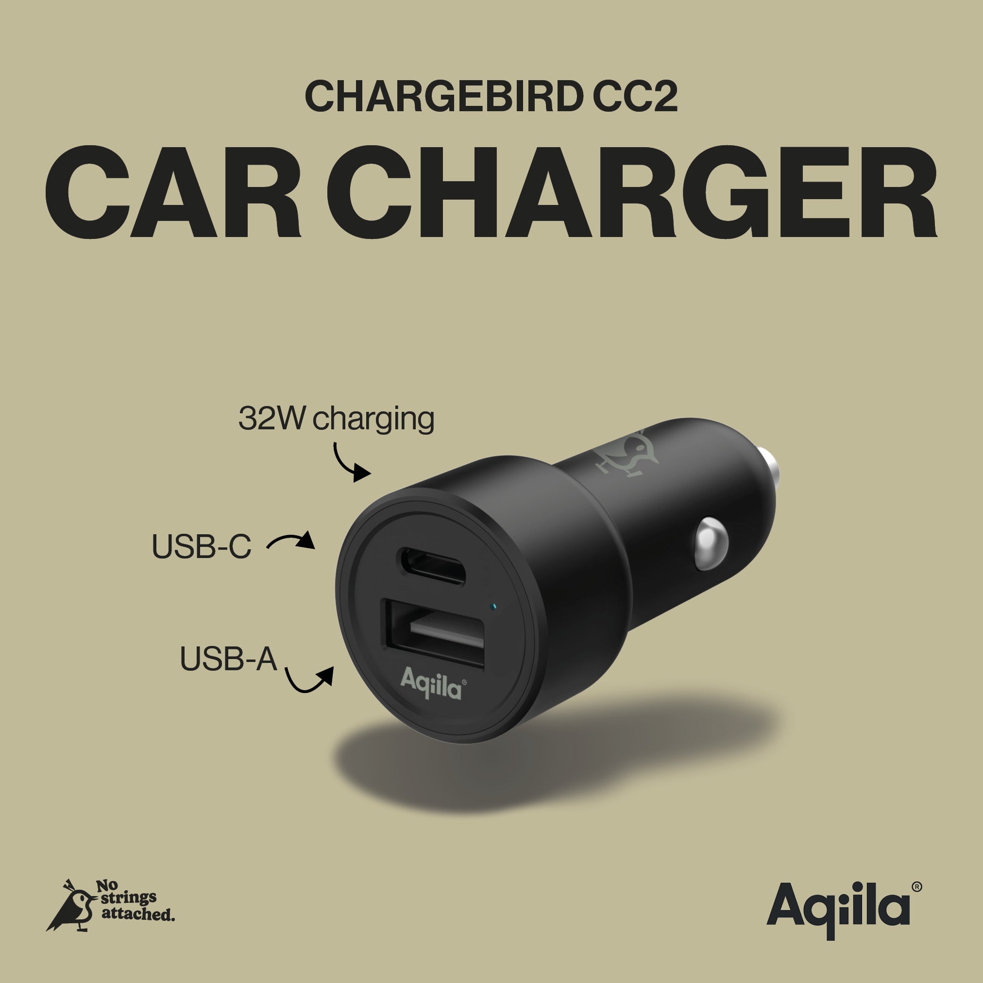 Aqiila Chargebird CC2 billaddare USB-C + USB-A 32W
